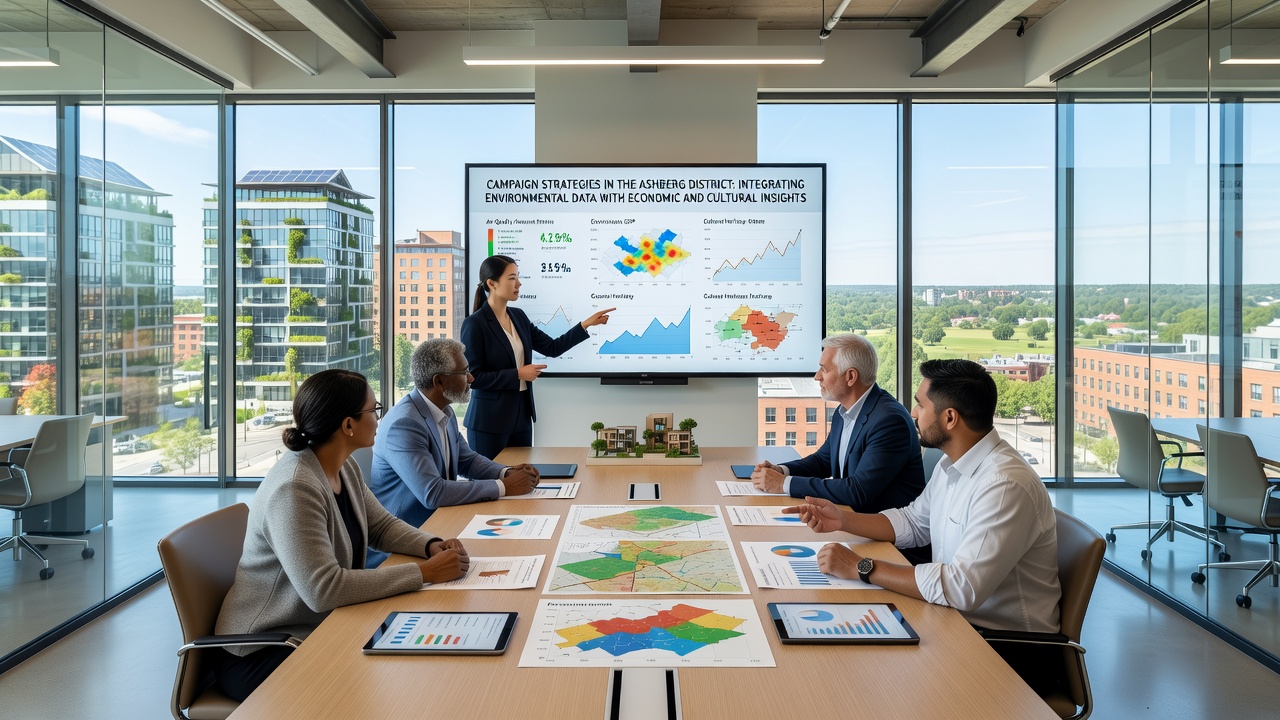 Community meeting in Ashberg where presenters display charts linking environmental metrics to local business and arts funding