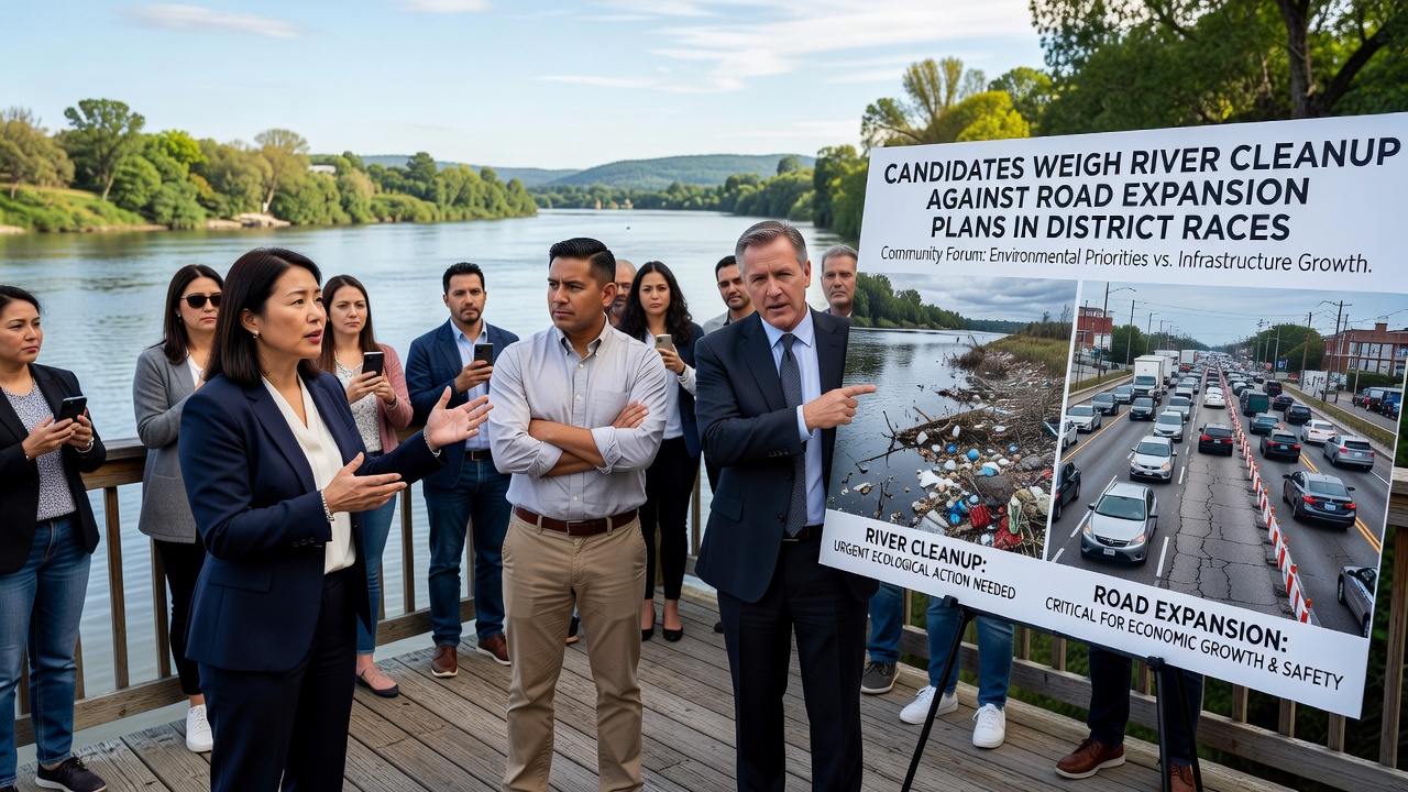 Detailed maps showing proposed river cleanup zones alongside road expansion routes